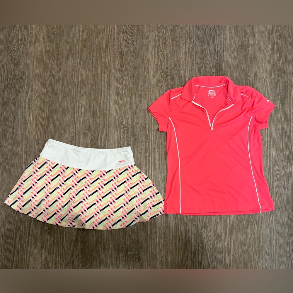 Slazenger Golf Pink Polo Shirt and Patterned Skort Set- both sz Medium